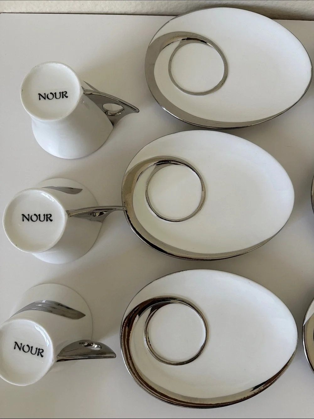 Nour White & Silver Ceramic Espresso Cup Set Of Six Cups With Saucers